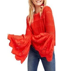 Free People Once Upon A Time Lace Crochet Bell Sleeve Red Blouse size Small